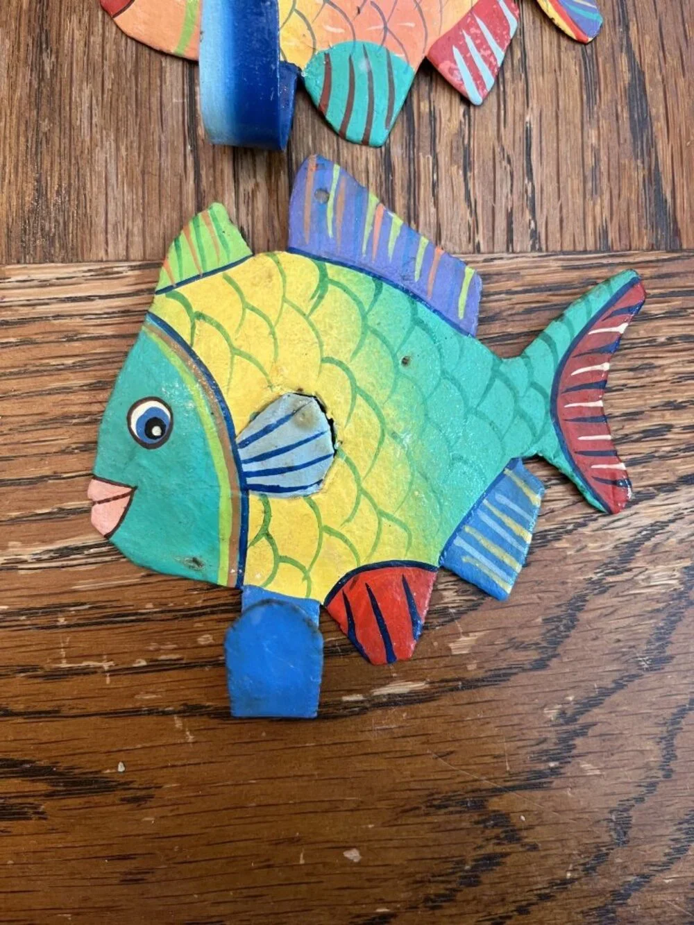 Vintage Folk Art Colorful Hand-Painted Metal Tropical Fish Wall Hooks Whimsical